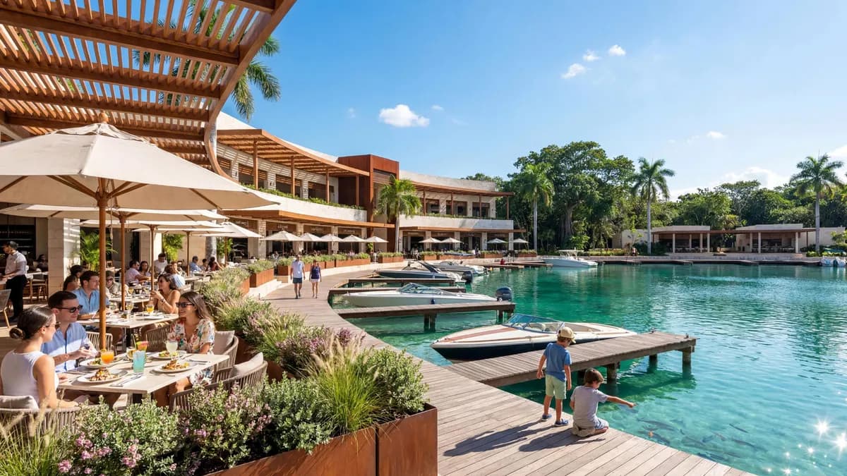 Render ilustrativo del Lake Club de Country Lakes, con marina, restaurantes y muelles junto al lago