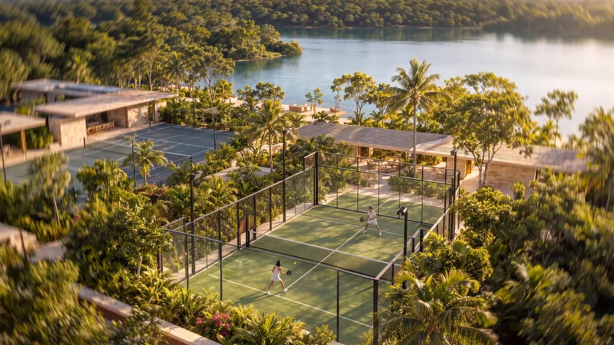 Render ilustrativo de las canchas de pádel del Sports Club de Country Lakes, con el club y el lago al fondo