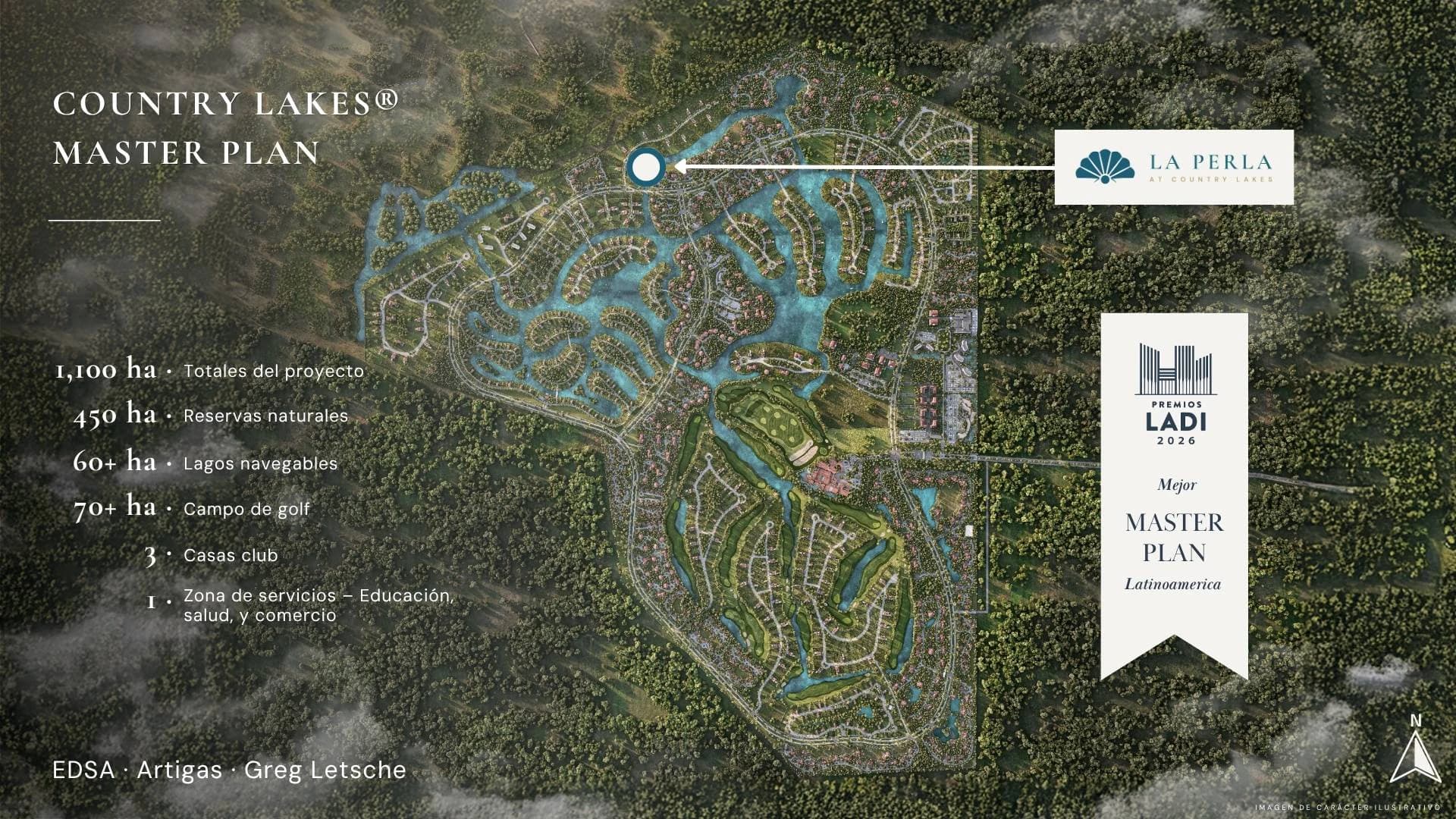 Plan maestro de Country Lakes con la ubicación de La Perla señalada