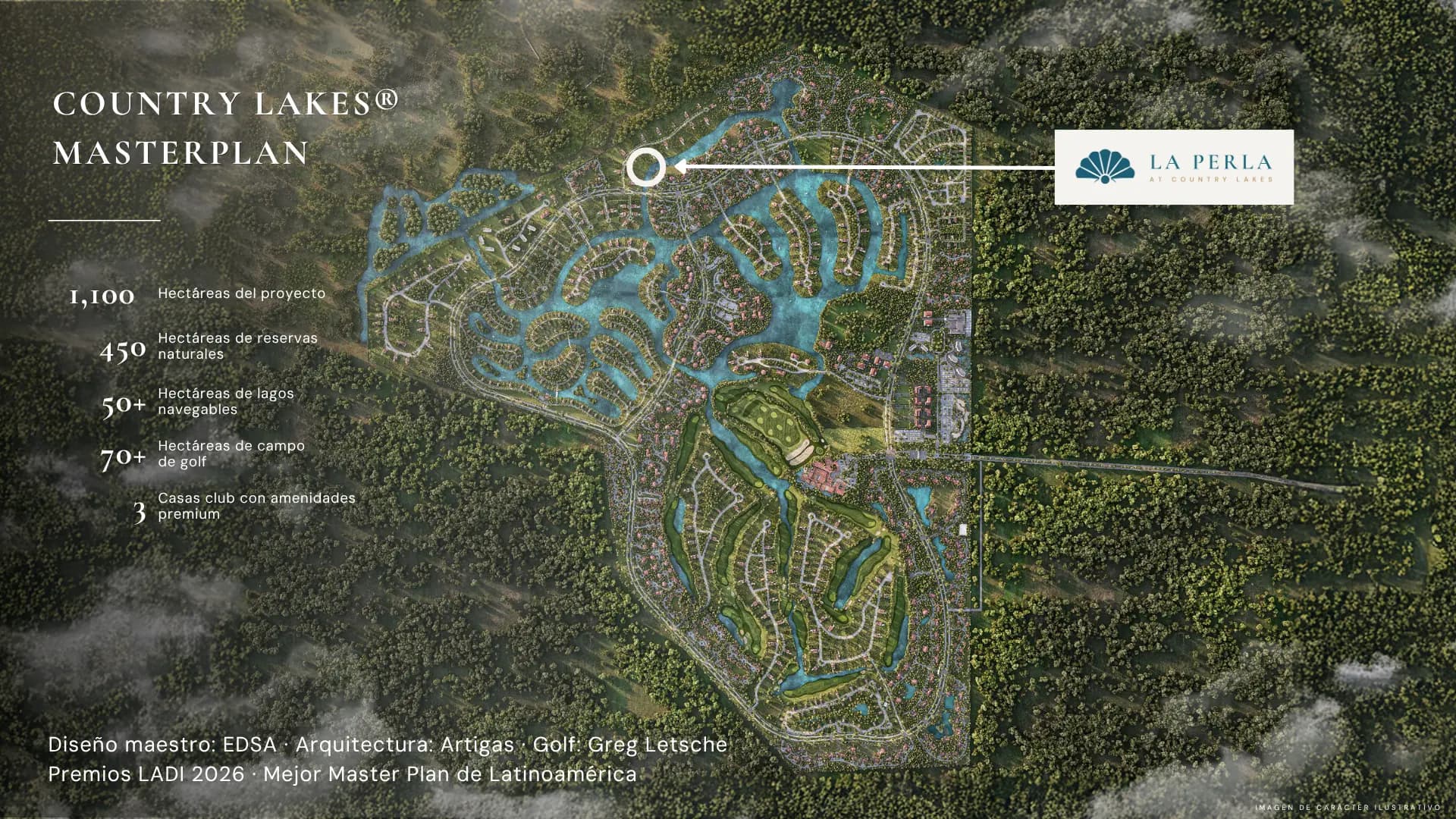 Plan maestro de Country Lakes con la ubicación de La Perla señalada