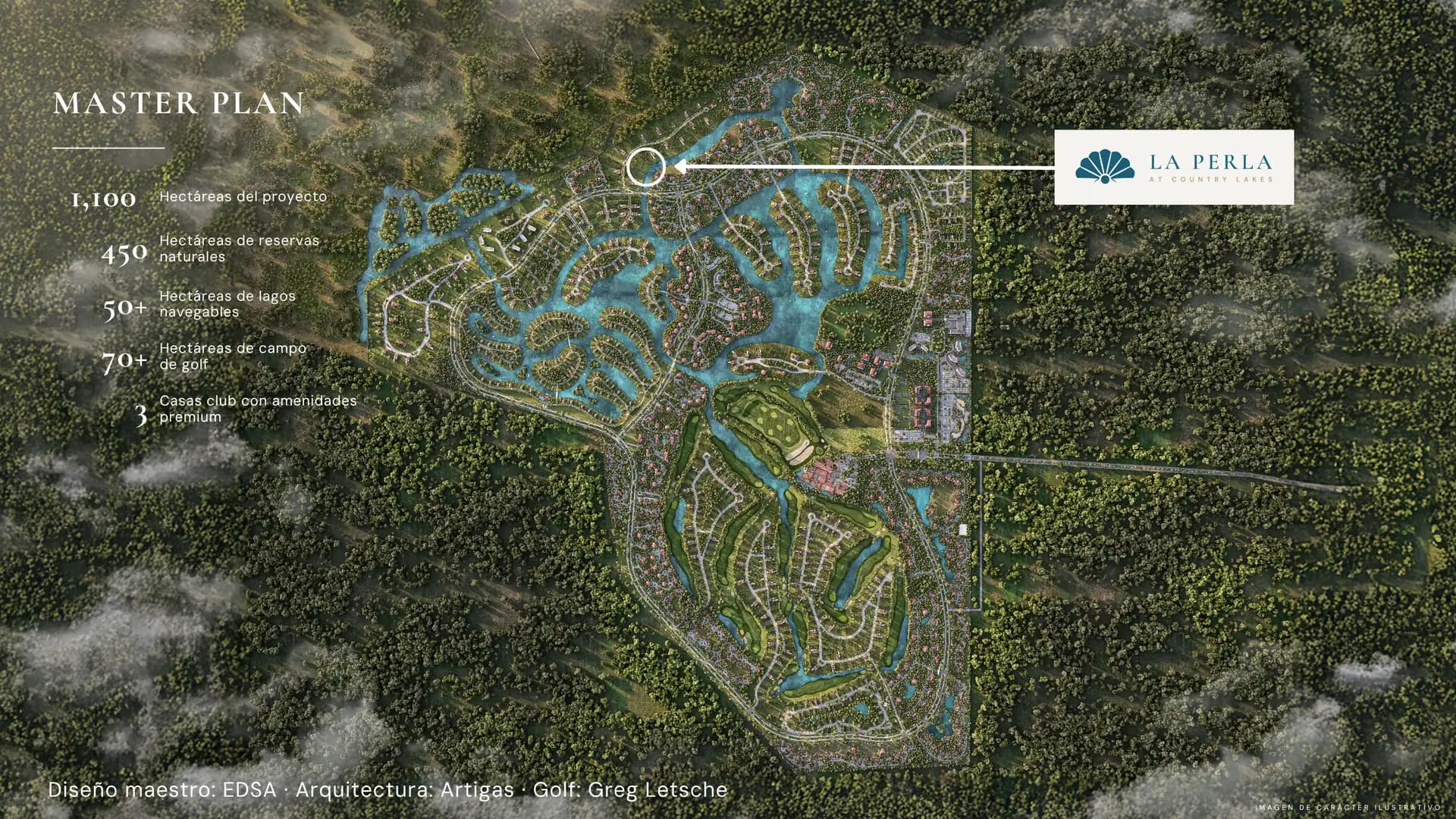 Render aéreo del masterplan de Country Lakes mostrando 1,100 hectáreas, lagos navegables, campo de golf y reservas naturales en Yucatán