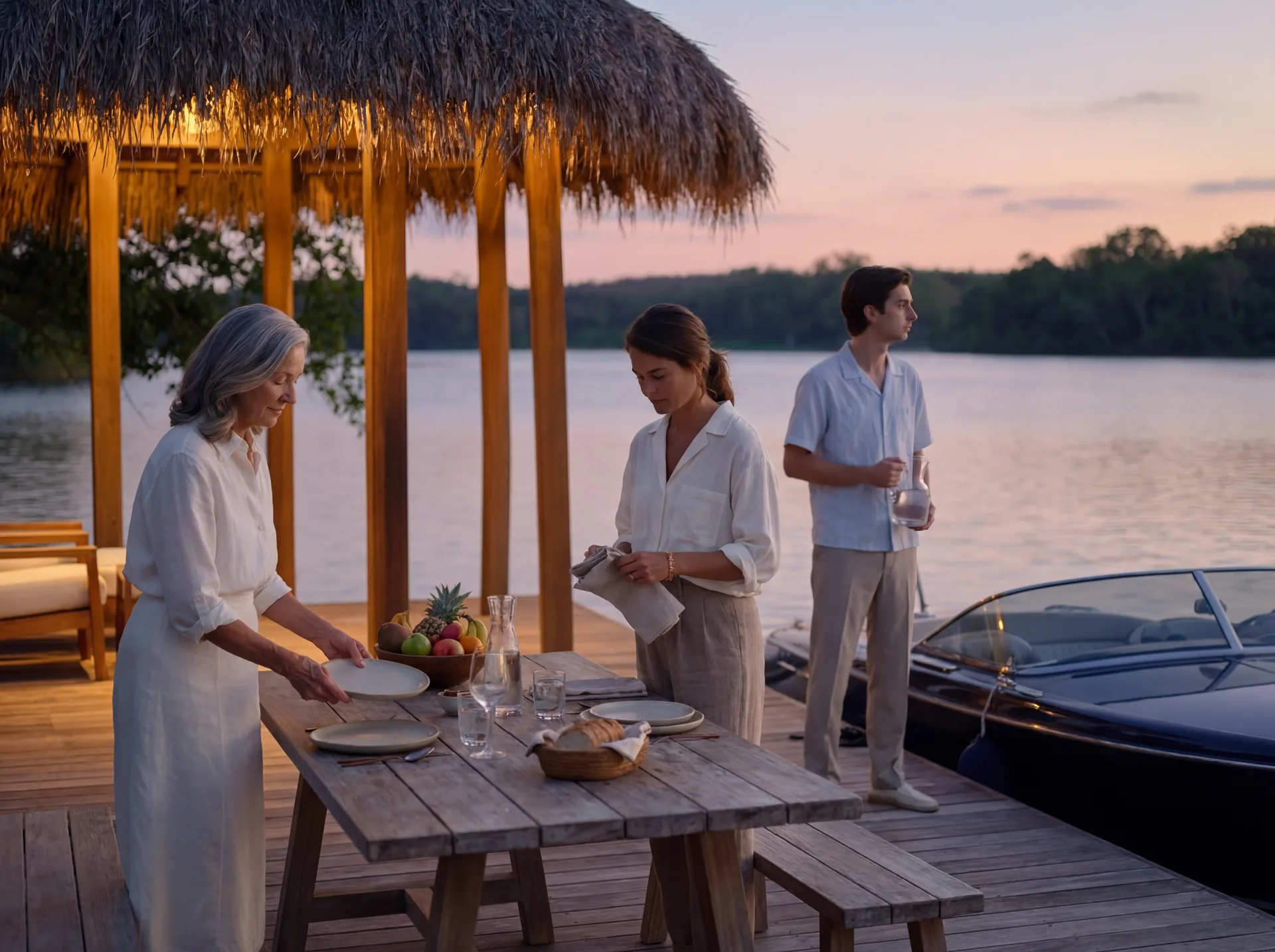 Tres generaciones compartiendo una cena en una mesa sobre el muelle privado al anochecer — escena ilustrativa