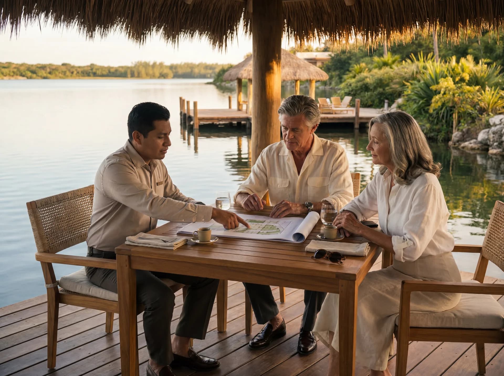 Una pareja mayor revisando el plano del lote con un asesor en una mesa junto al lago — escena ilustrativa