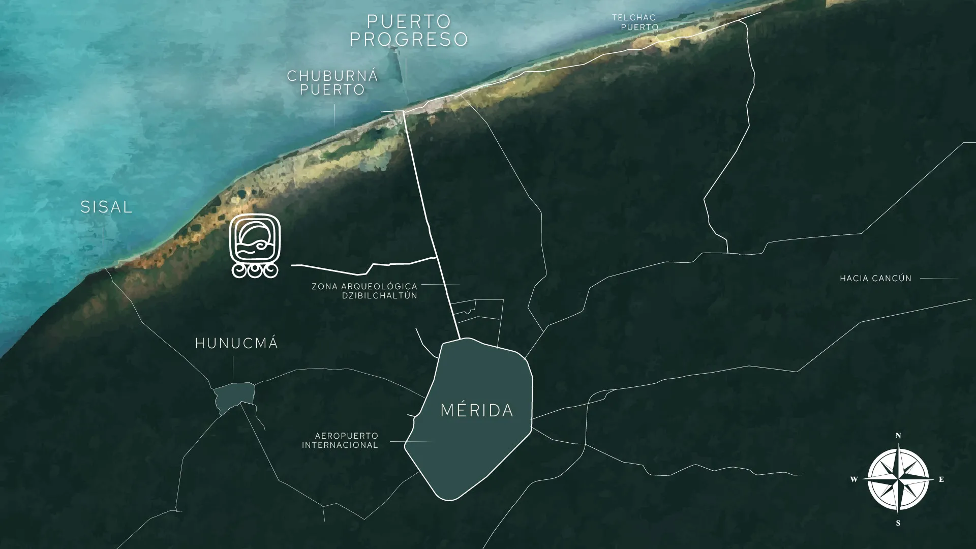 Mapa de conectividad regional mostrando Country Lakes en Yucatán, su distancia al centro de Mérida, al aeropuerto y a la costa norte