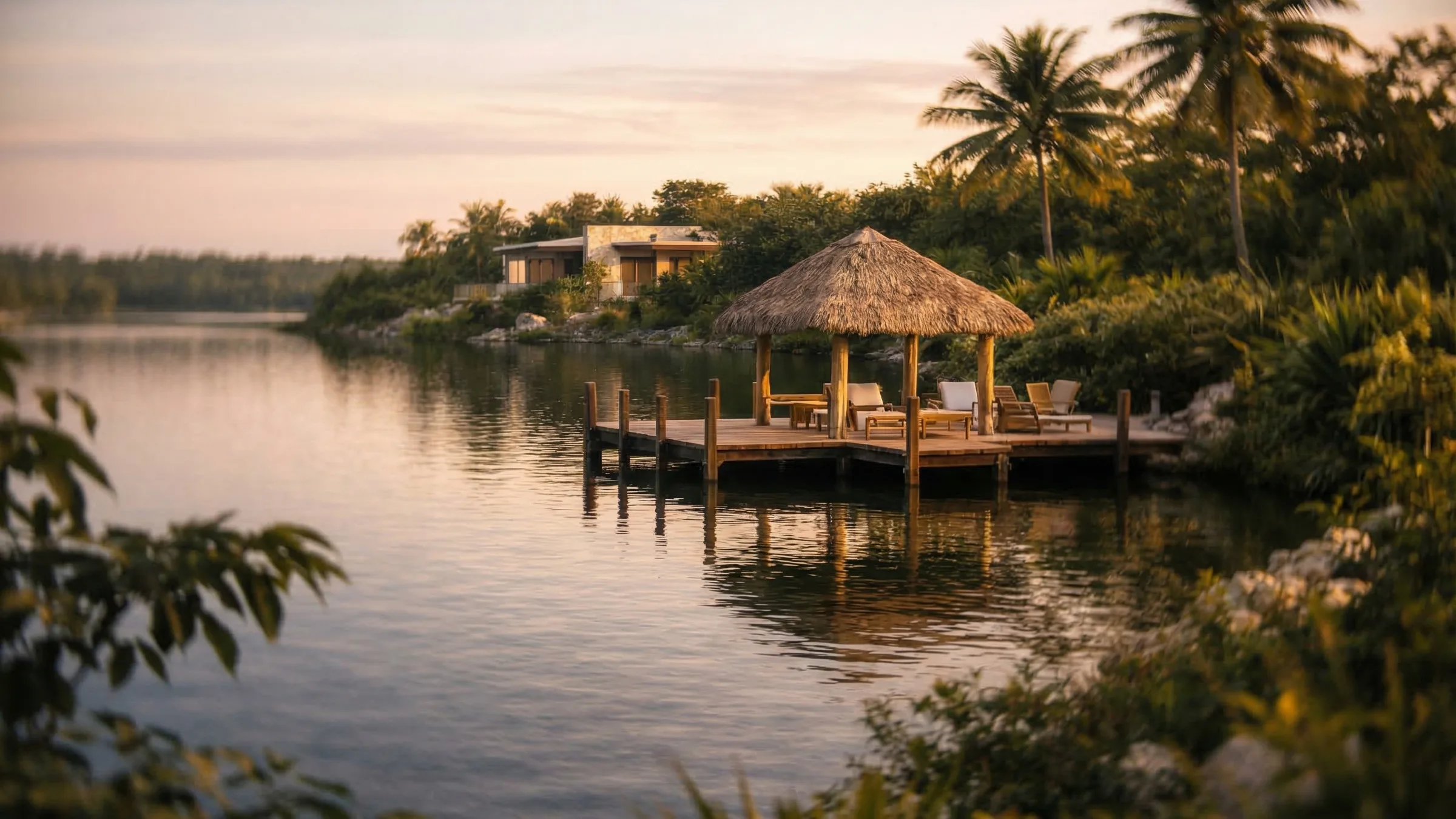 Un muelle y palapa privados junto al agua, entre vegetación nativa, en Country Lakes, Yucatán — escena conceptual