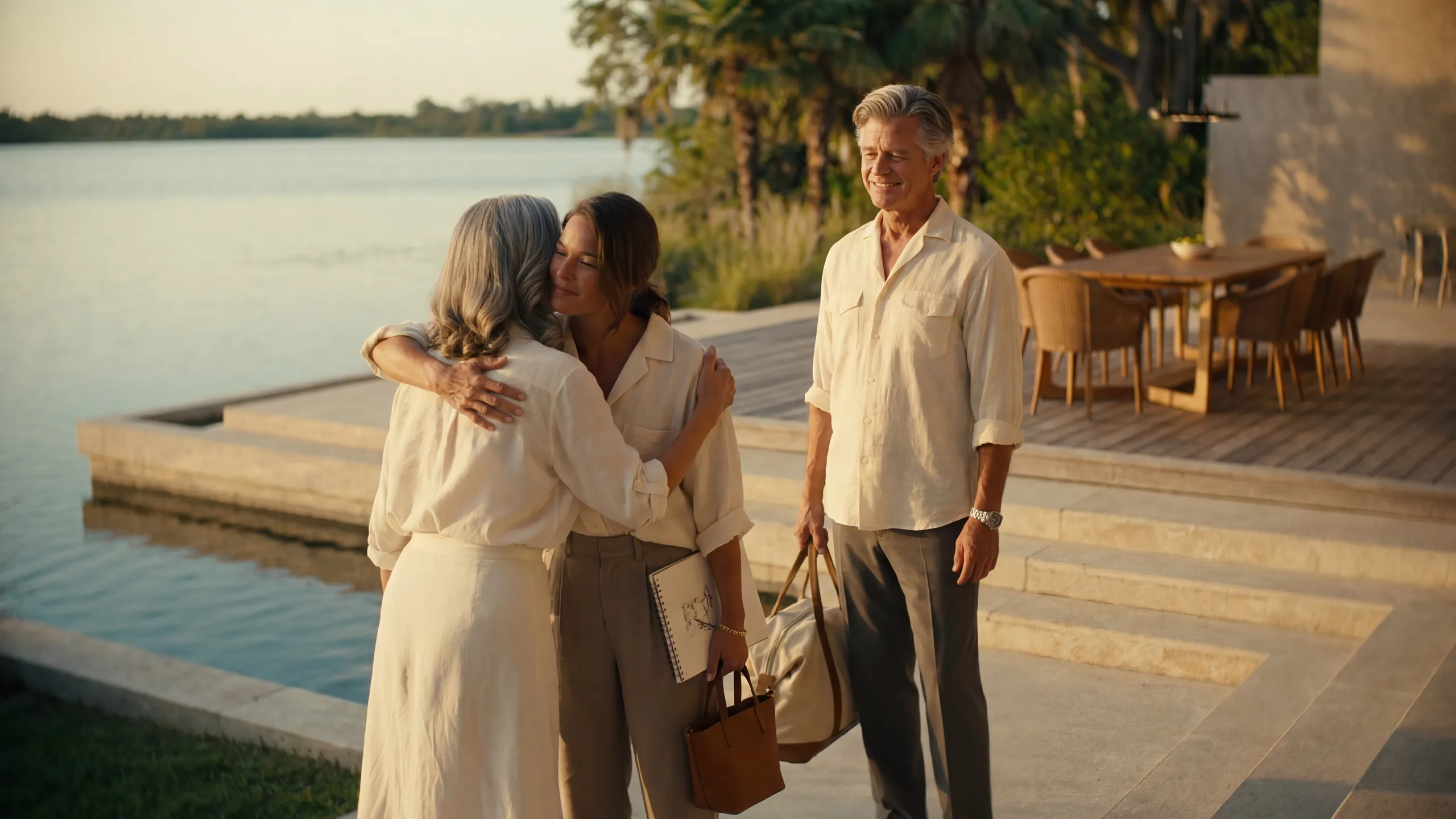 Una familia que llega y se abraza en su casa junto al lago en Yucatán — escena ilustrativa