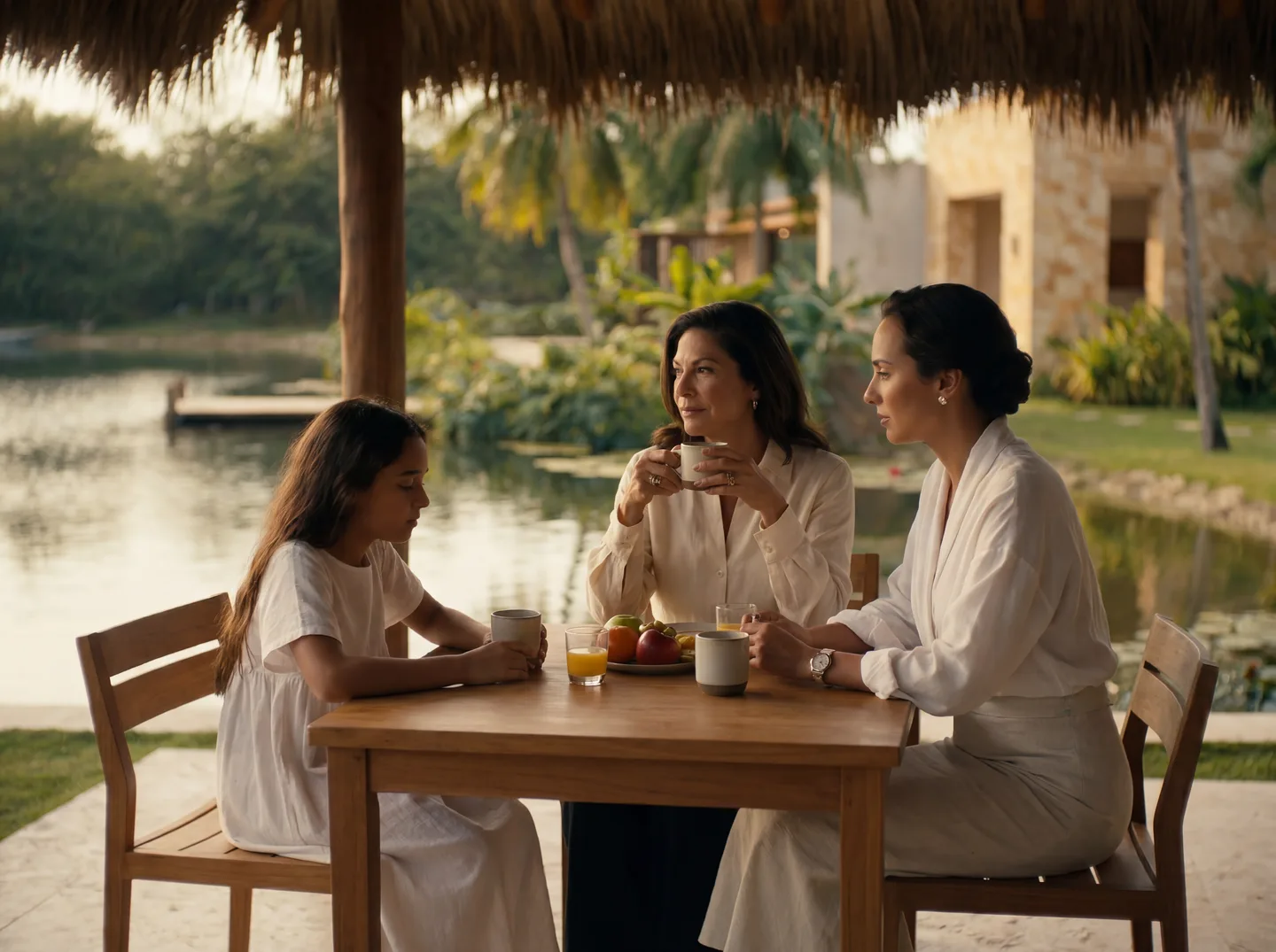 Tres generaciones de una familia compartiendo el desayuno en la terraza junto al lago al amanecer — escena conceptual