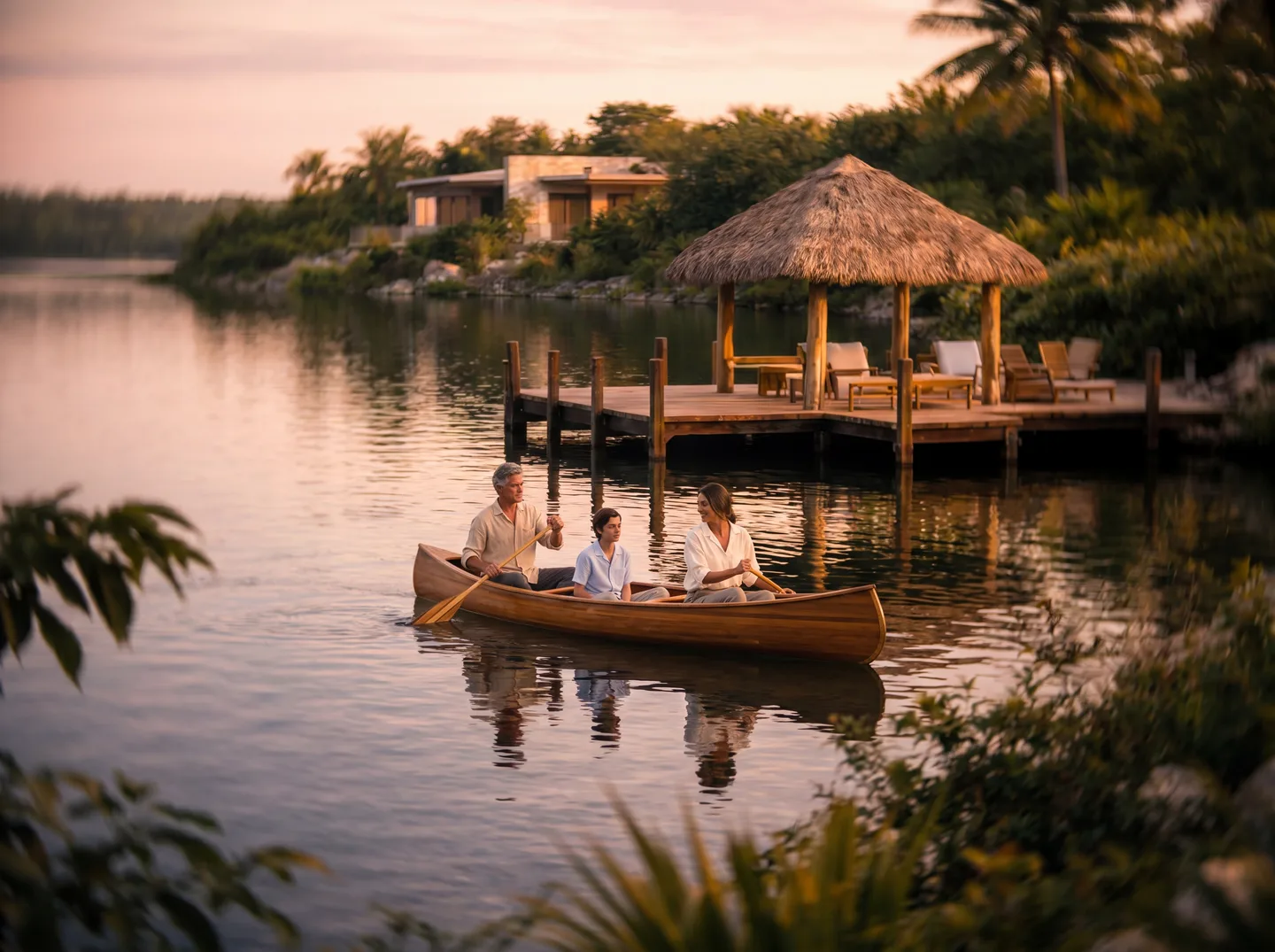 Una familia remando una canoa de madera en el lago junto al muelle privado al atardecer — escena conceptual
