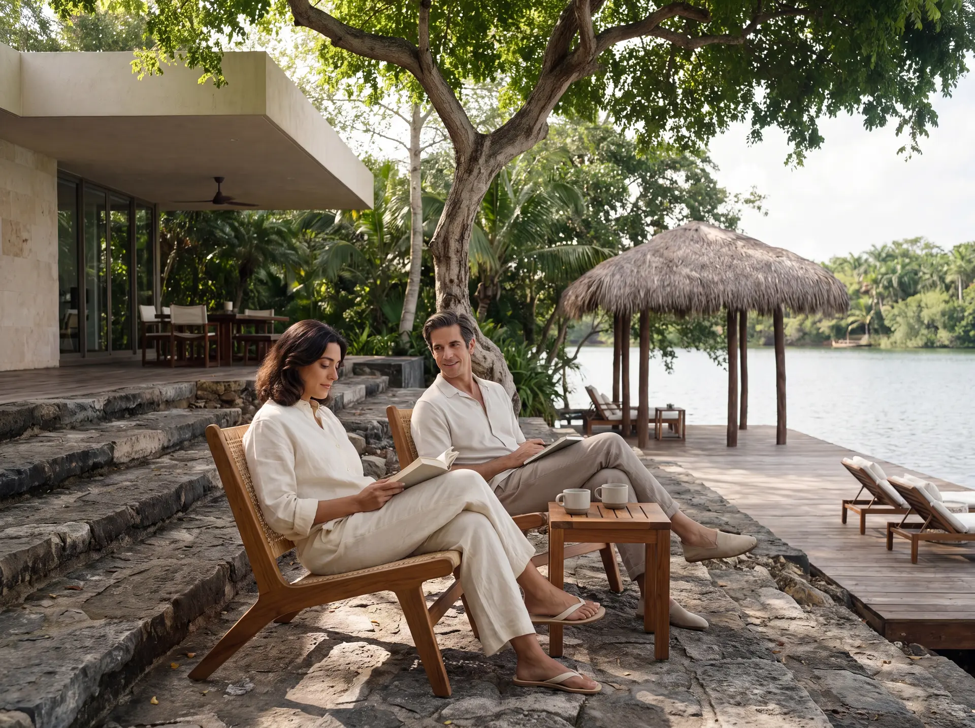 Una pareja leyendo juntos en una terraza sombreada junto al lago en La Perla