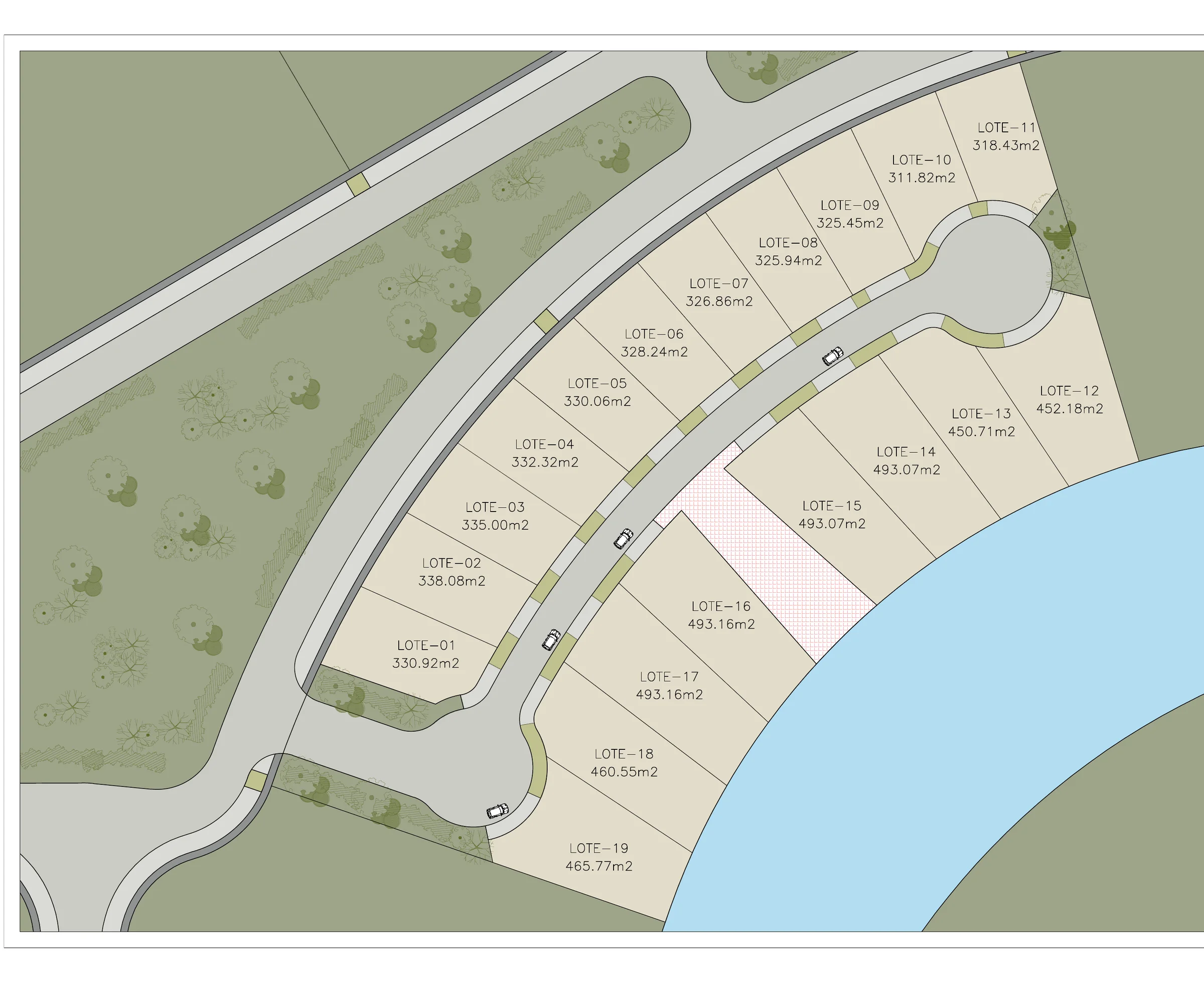Plano de referencia de La Perla con la distribución de los 19 lotes — Lago y Jardín