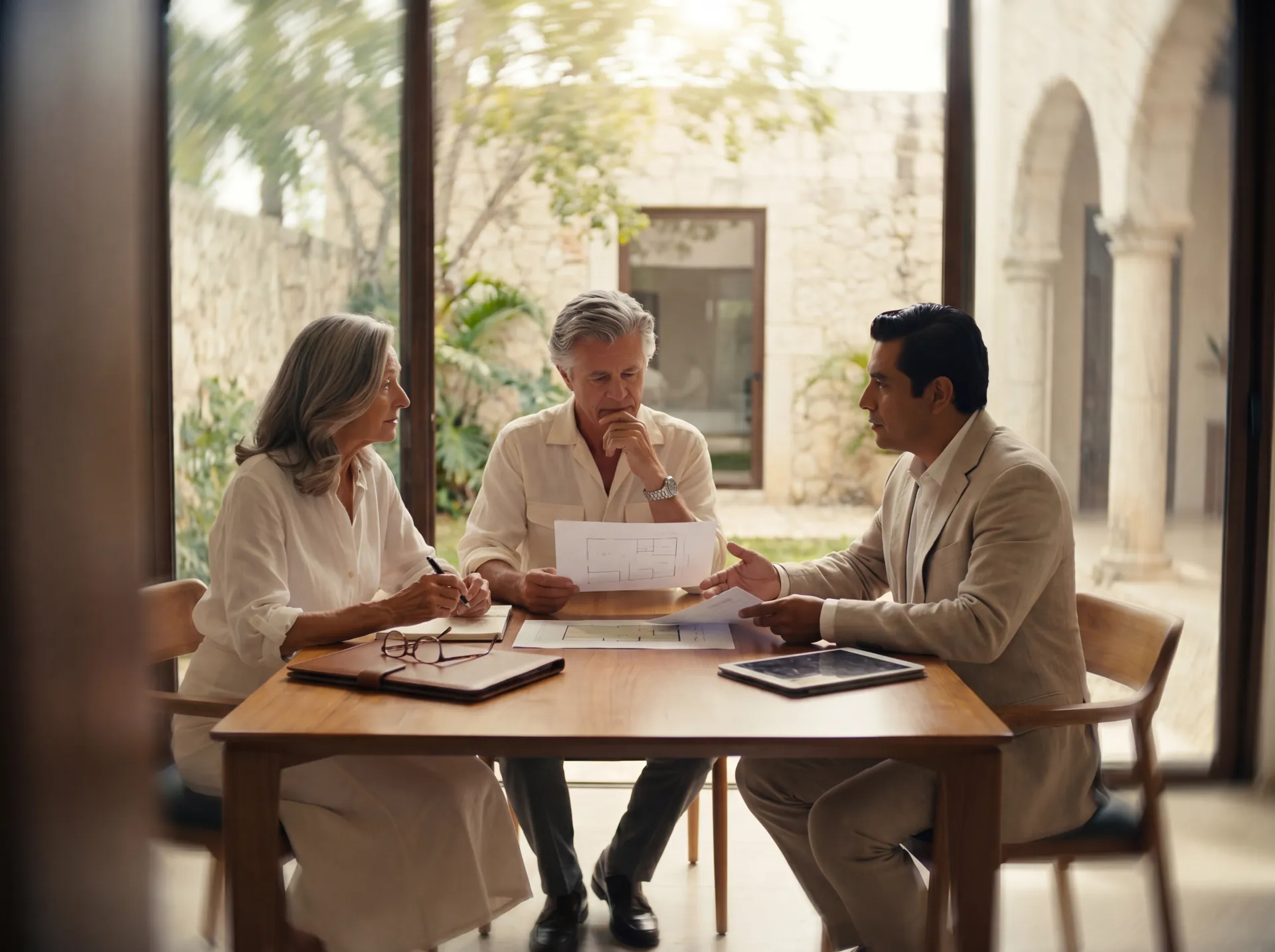 Compradores extranjeros revisando documentación de propiedad con un asesor en un entorno yucateco refinado.
