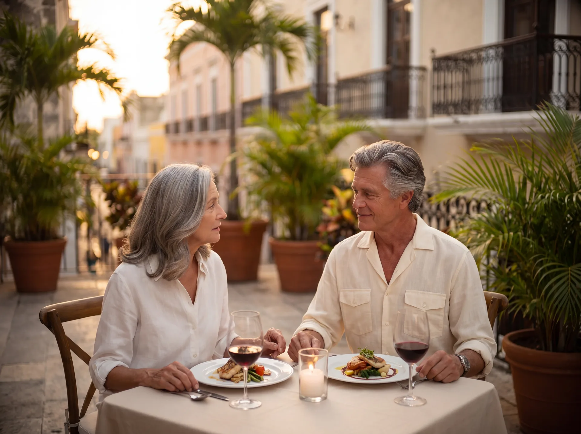Una pareja mayor cenando en un restaurante al aire libre en el centro histórico de Mérida al atardecer.
