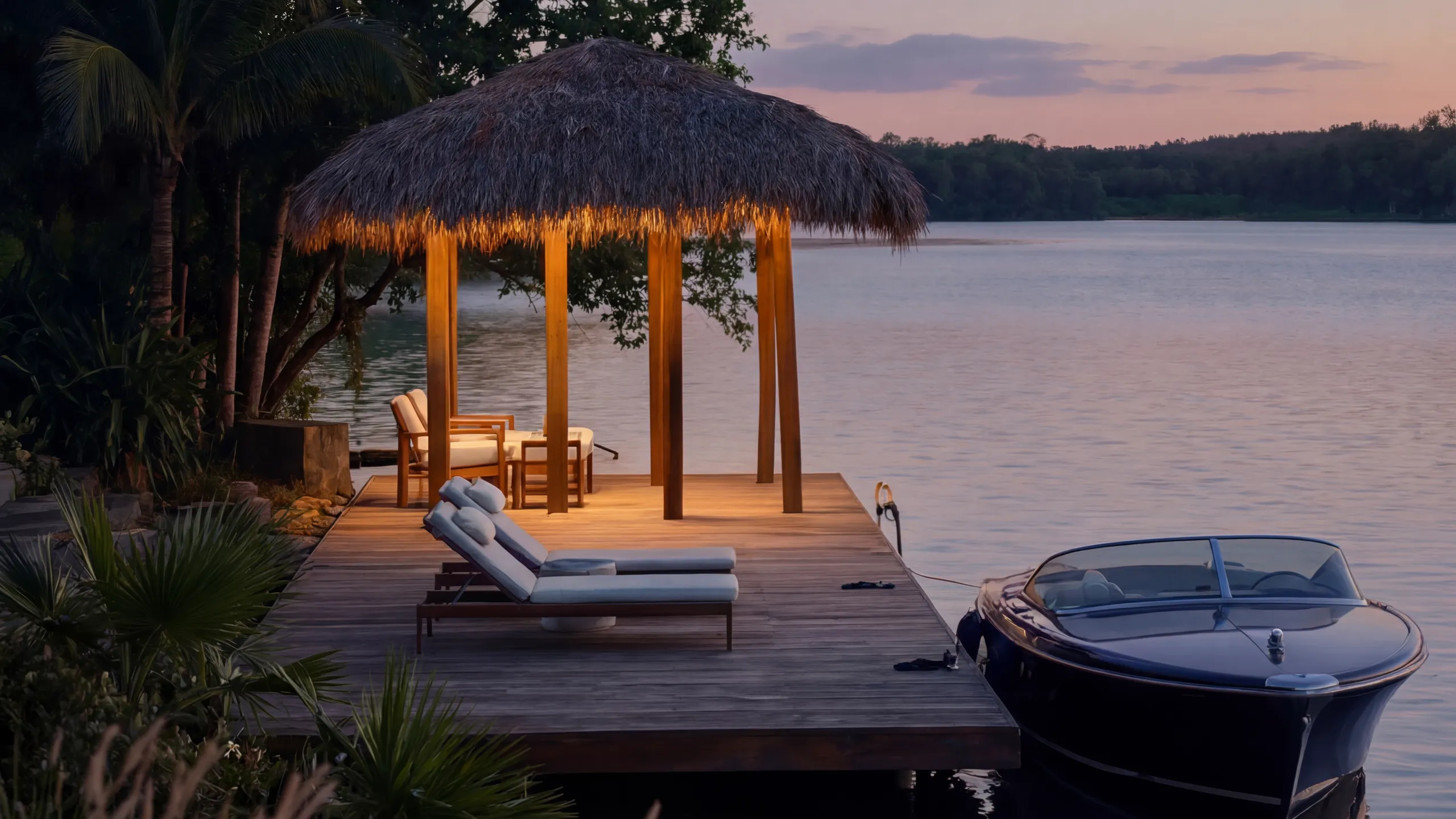 Palapa dock with a boat at dusk at La Perla, Country Lakes, Yucatan