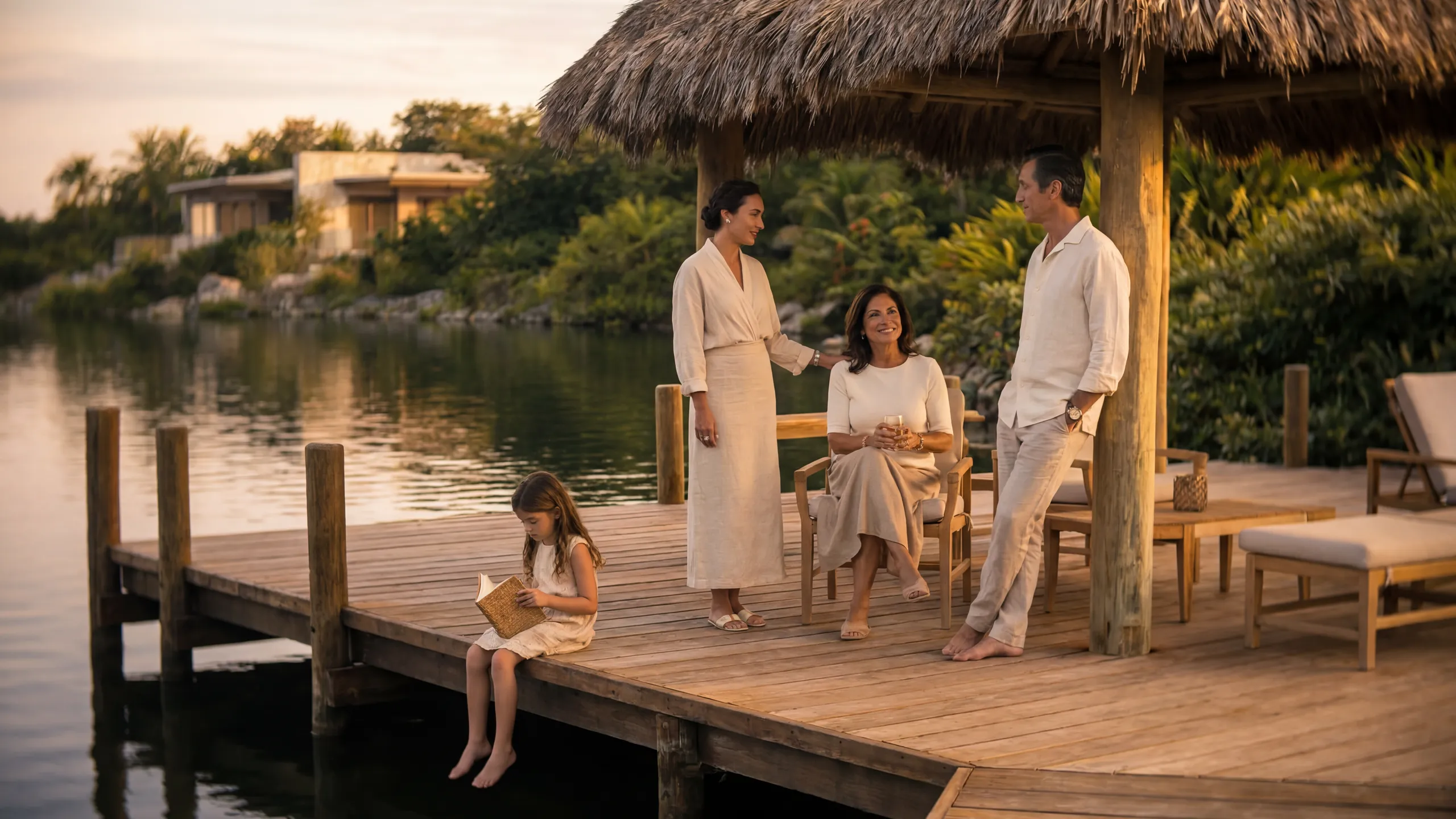Three generations together under the lakeside palapa at La Perla — conceptual scene