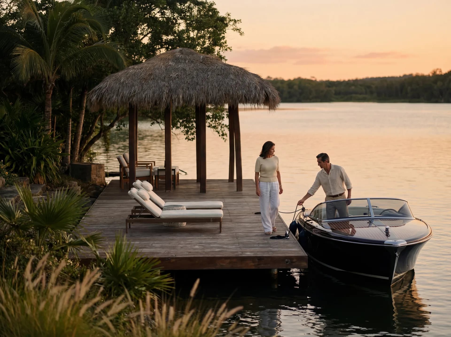 Owners walking onto the private shoreline dock beside a moored boat at golden hour — conceptual scene