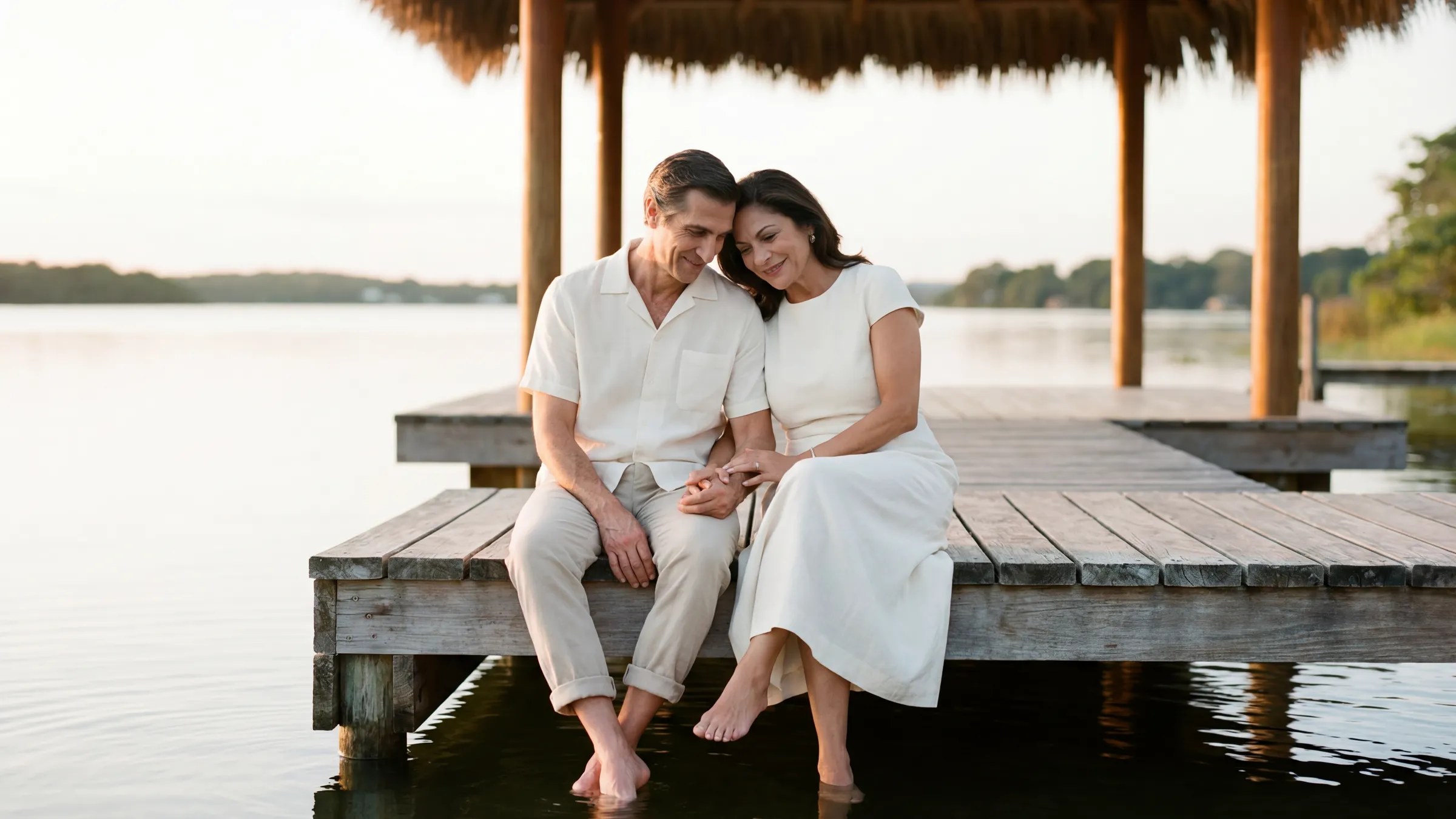 A couple resting together on the private dock at golden hour, feet near the water — conceptual scene