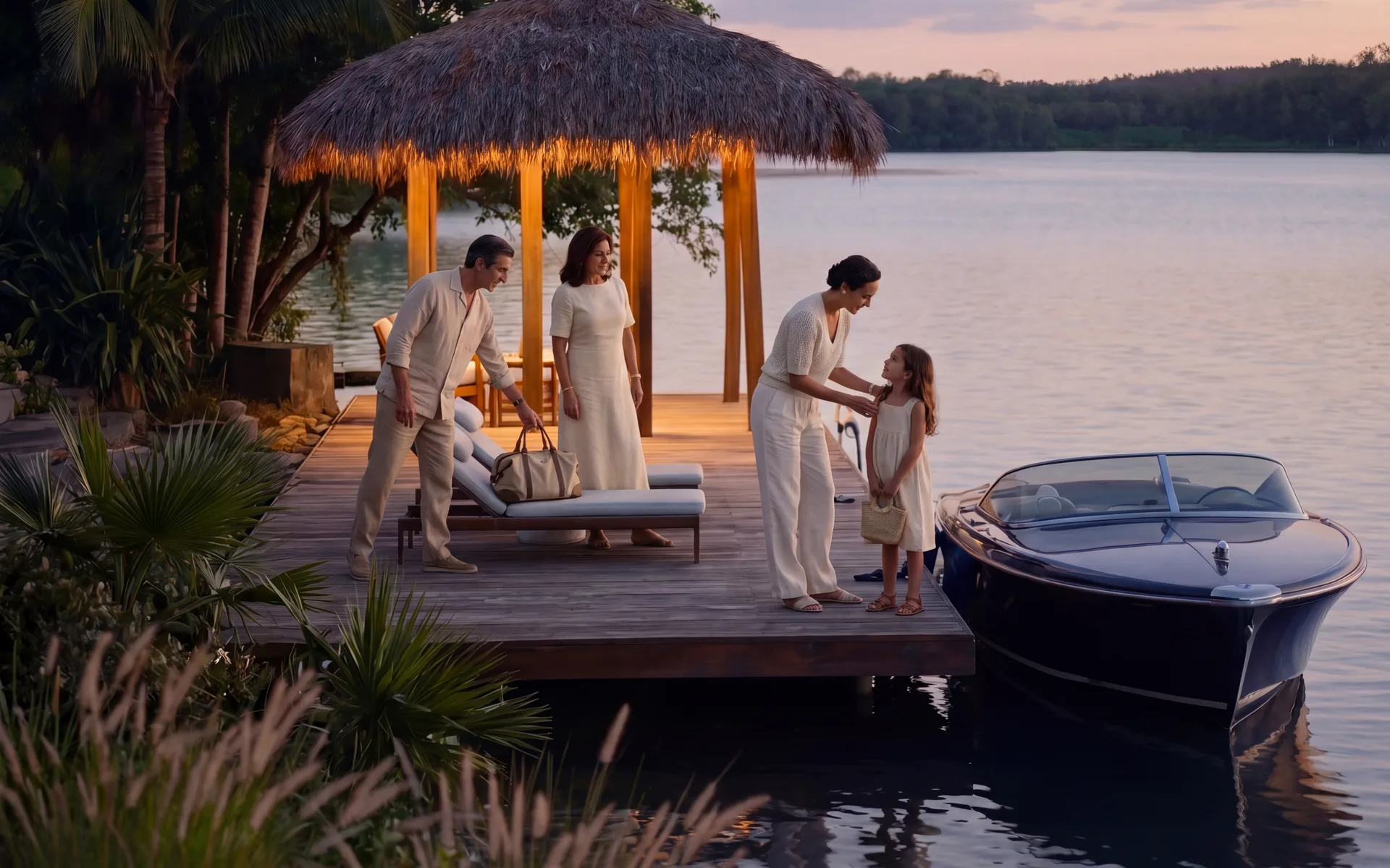 Family arriving by boat at the palapa dock at dusk at the La Perla Lake Club