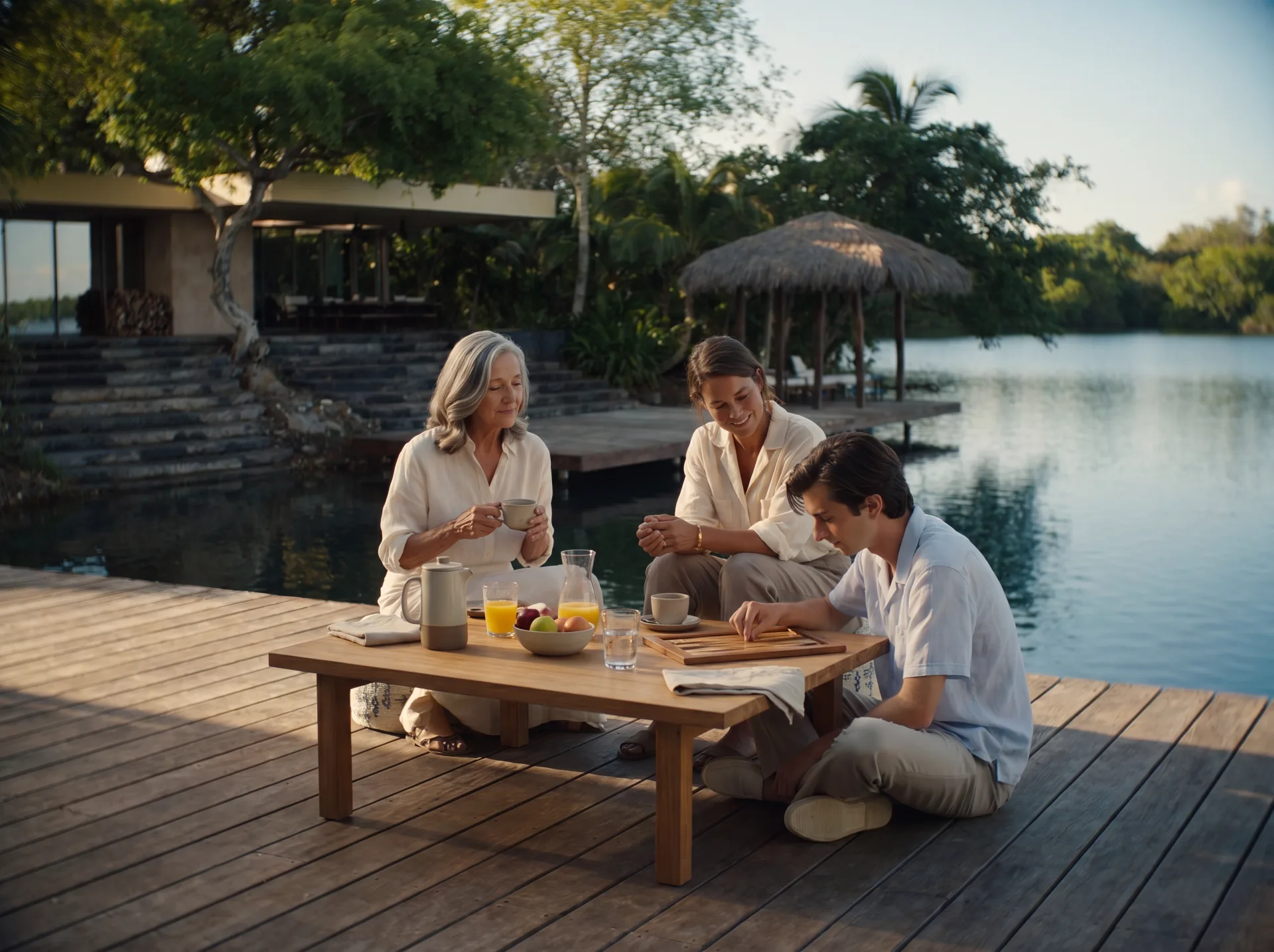 Three generations playing on the dock at sunset at La Perla