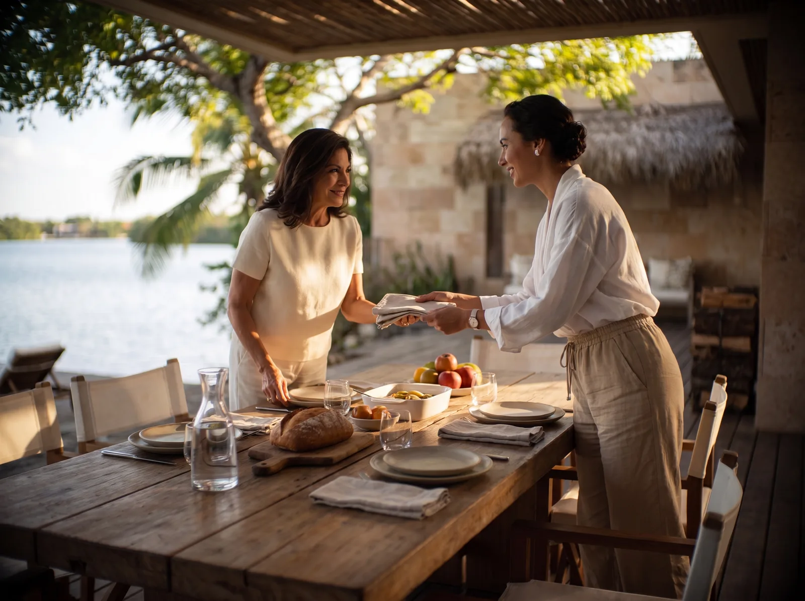 Mother and daughter set the lakefront table at La Perla
