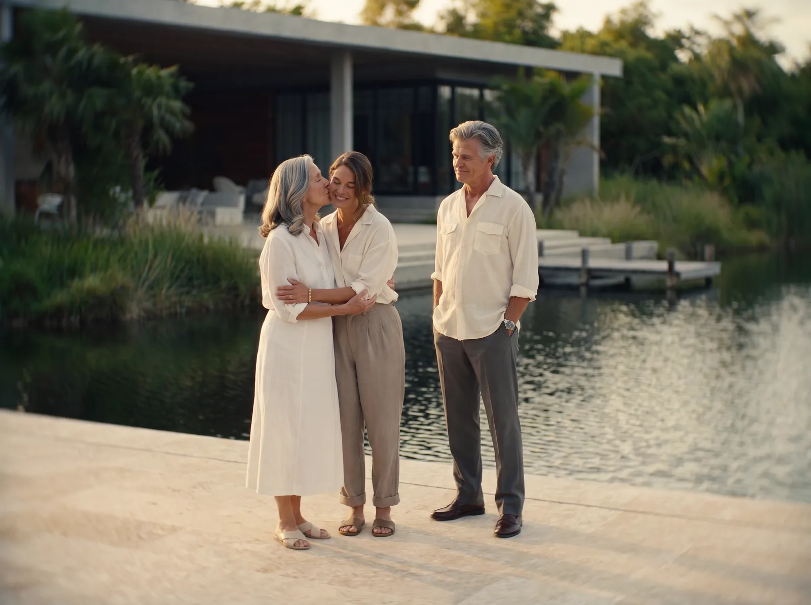 Family reunion in front of the lake house