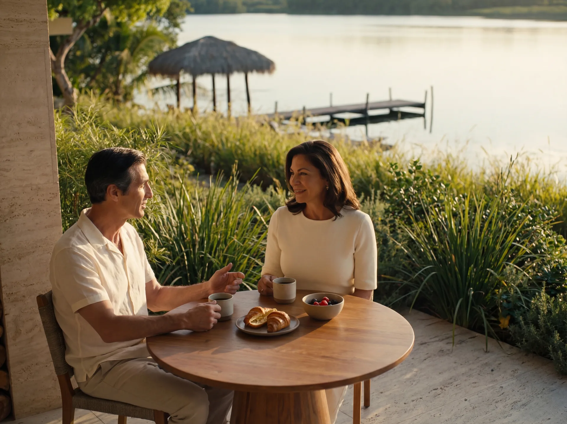 Couple sharing breakfast on a lakeside terrace in warm morning light