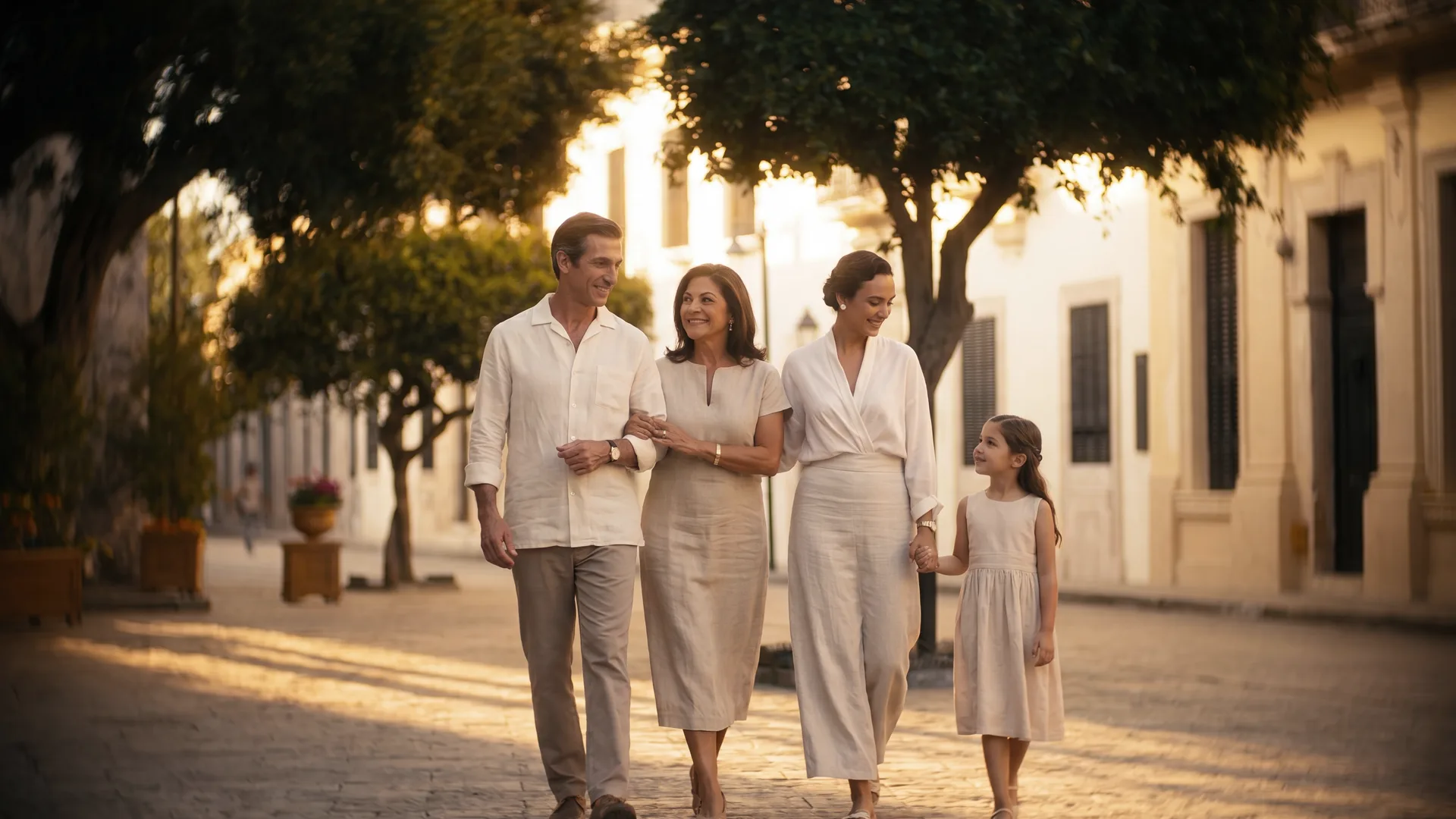 Family walking through a historic Merida street at golden hour.