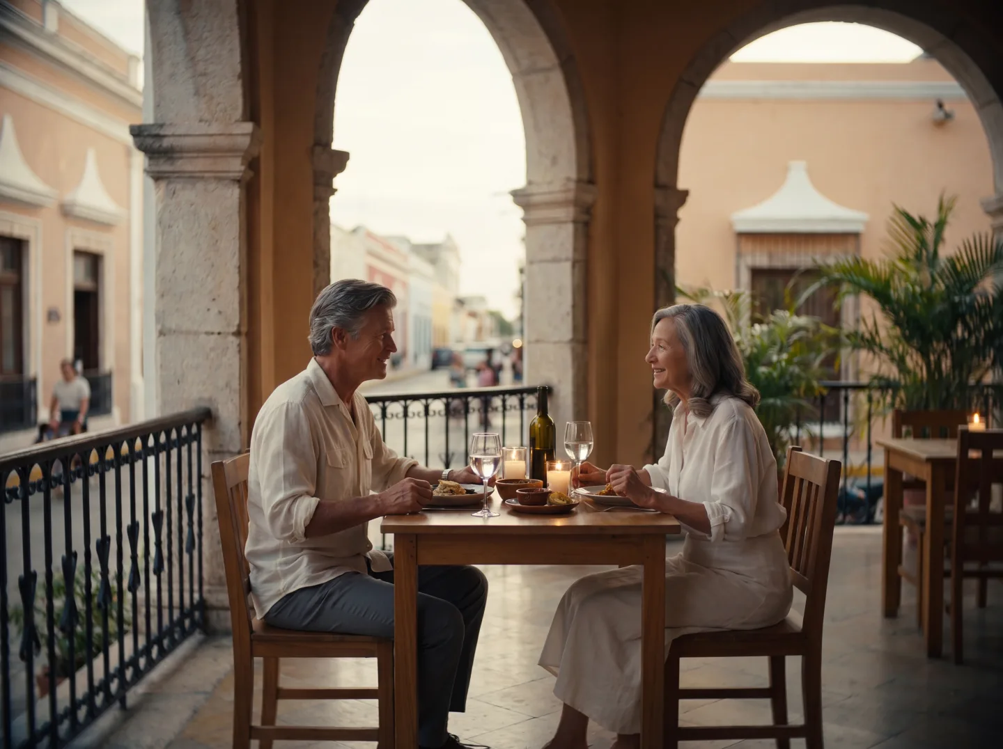 Couple at an intimate Merida restaurant table with colonial arches and candlelight