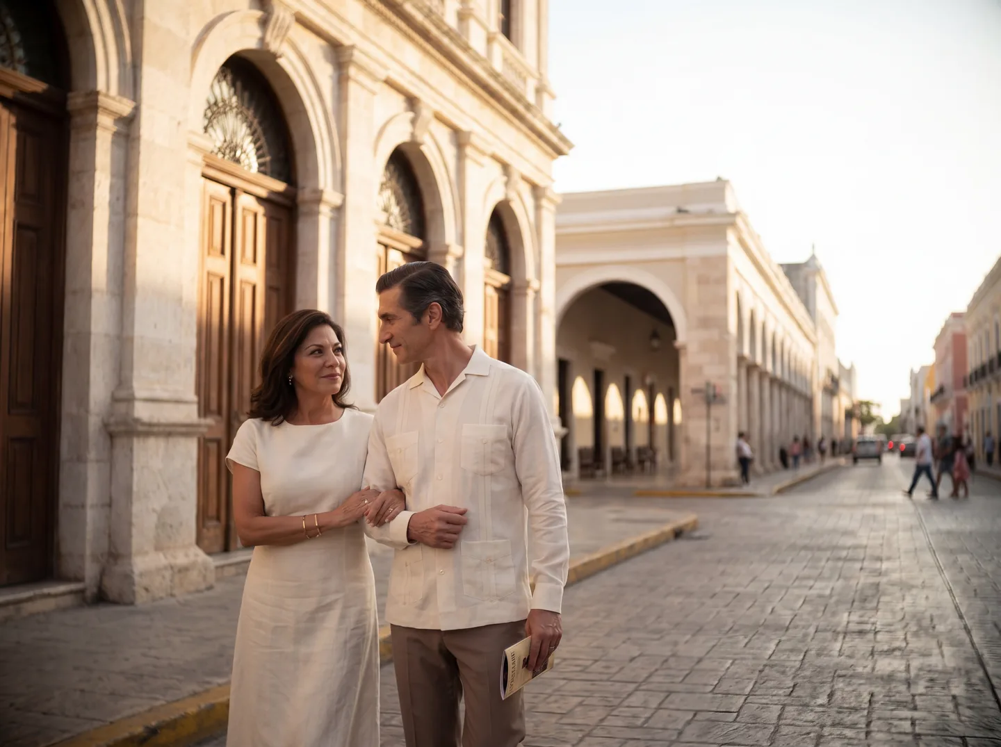 Couple walking past a grand colonial cultural building on a Merida boulevard at evening