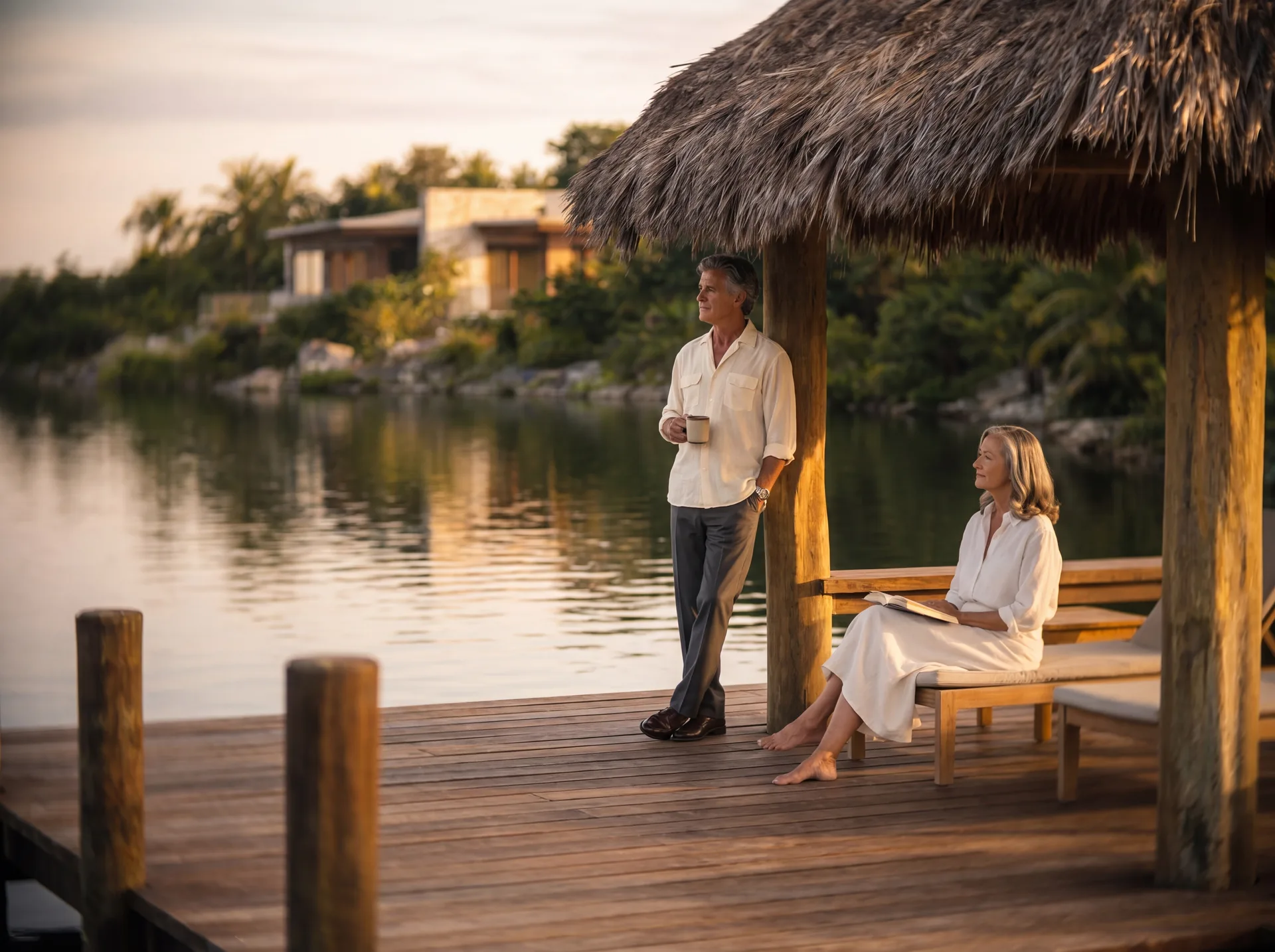 Owners at golden hour under the dock palapa at La Perla, Country Lakes