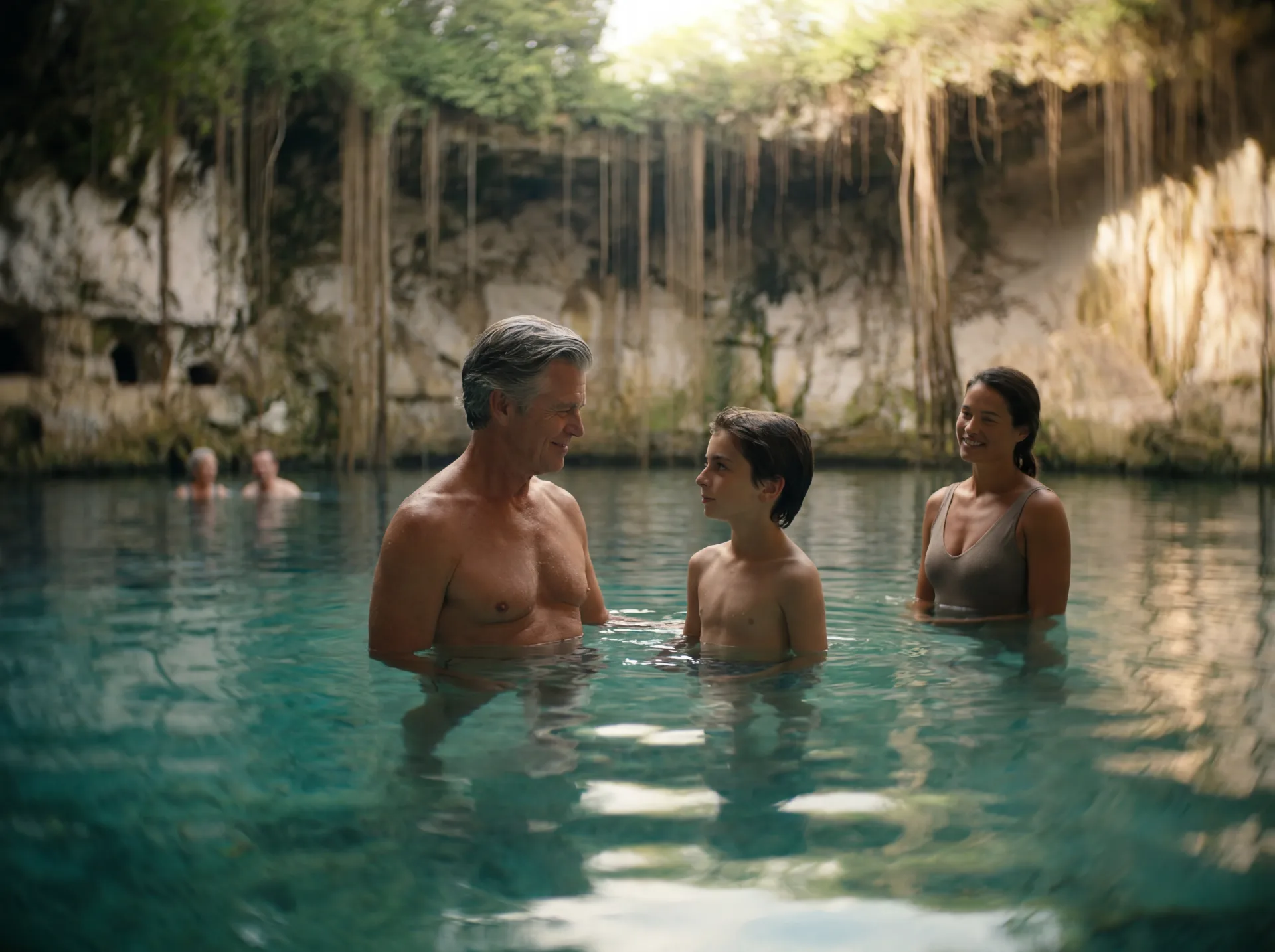 A family standing at the edge of a Yucatecan cenote, with natural light illuminating the turquoise water below