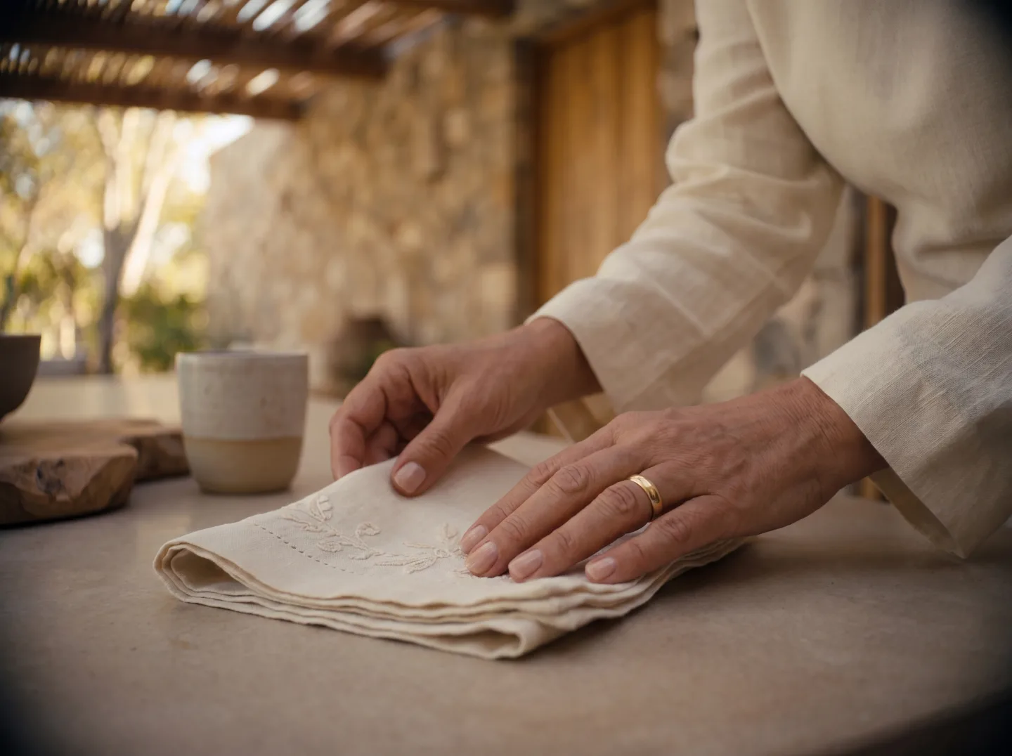 A hand smoothing embroidered Yucatecan linen on a stone surface
