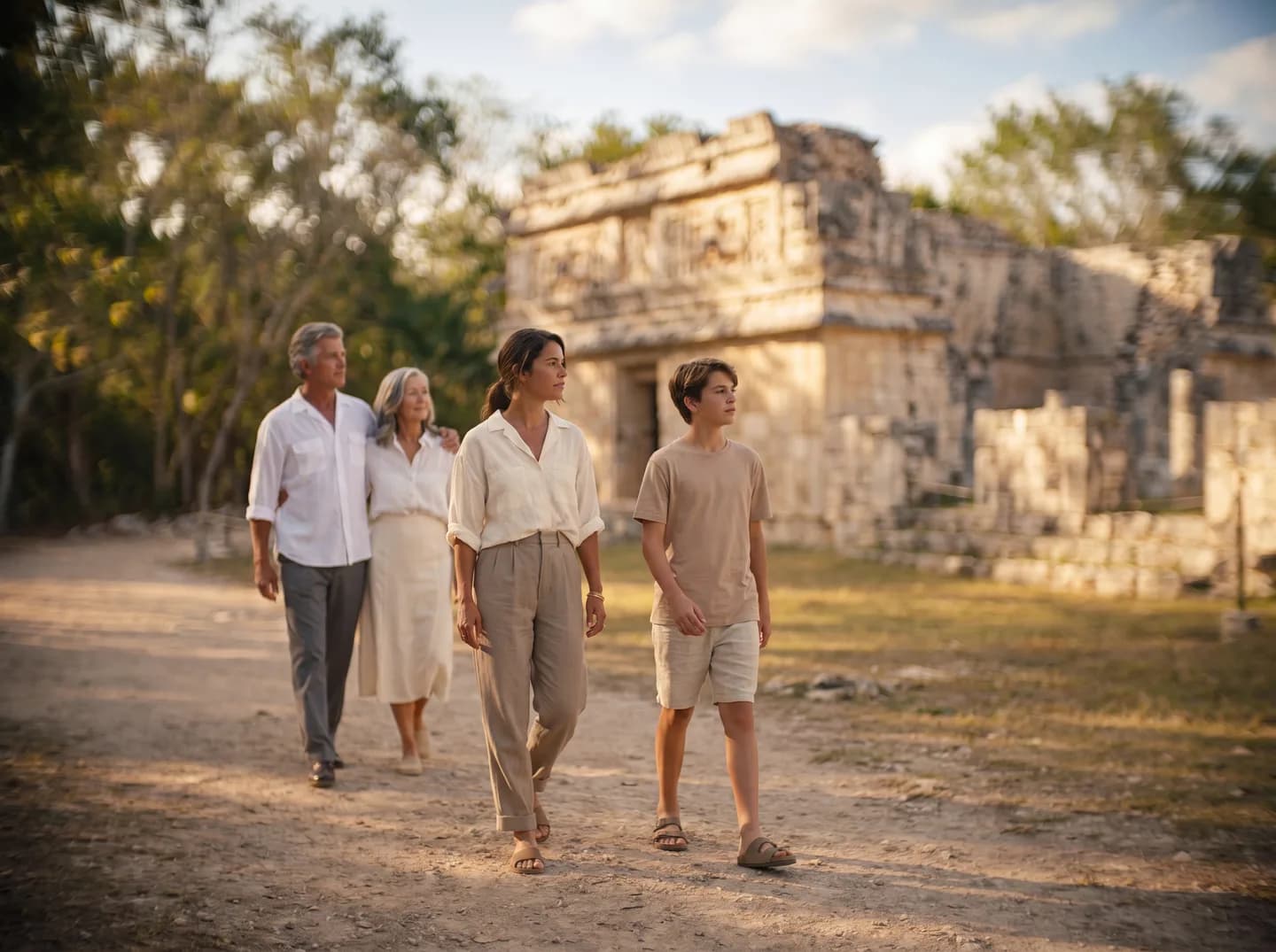 A family of four walking together among the stone walls and palms of a Yucatecan archaeological site at golden hour